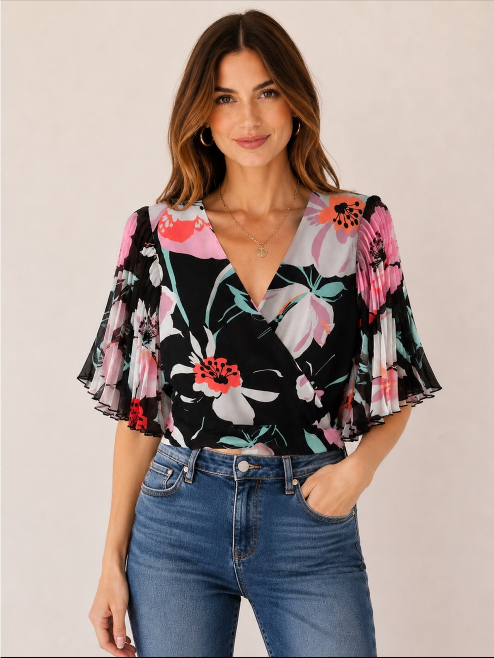 Express Black Floral Tie Back Pleated Flutter-Sleeve Wrap Crop Top Size S